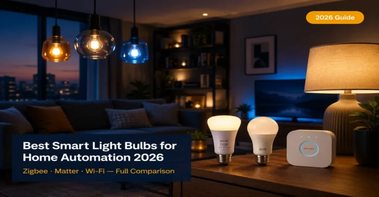 Best smart light bulbs for home automation 2026 showing Philips Hue and IKEA TRÅDFRI bulbs in a modern smart home living room