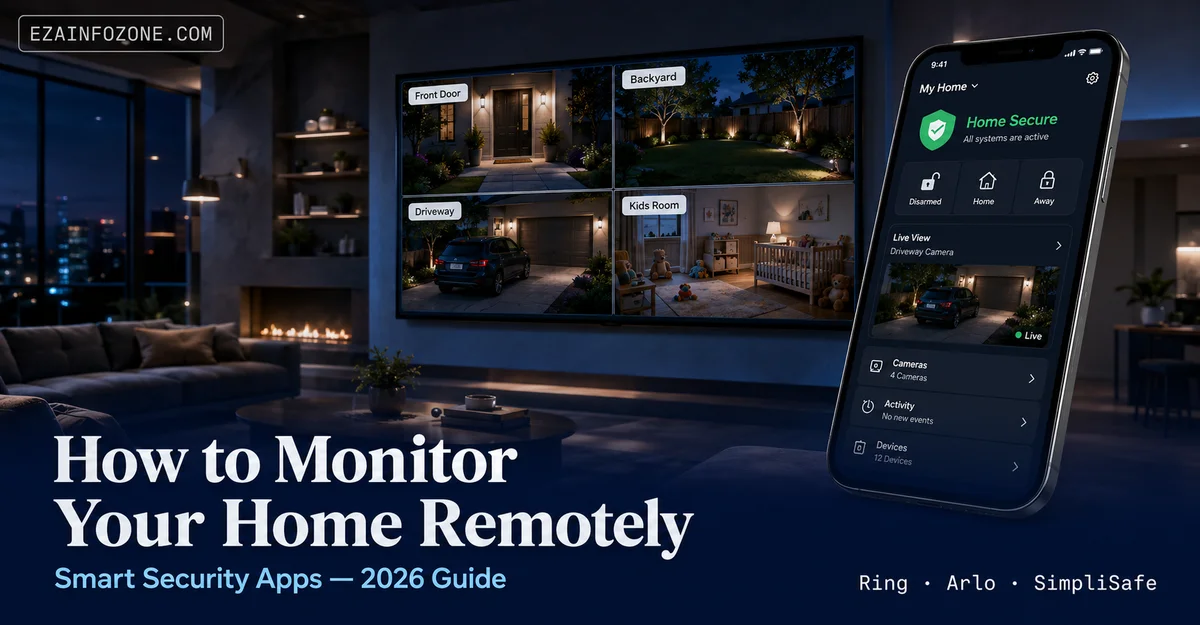 How to Monitor Your Home Remotely With Smart Security Apps monitor home remotely using smart security app dashboard showing live camera feeds on smartphone and wall display