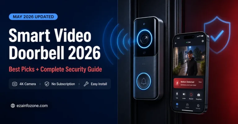 Smart video doorbell 2026 best picks — wireless video doorbell camera mounted on door with smartphone notification alert