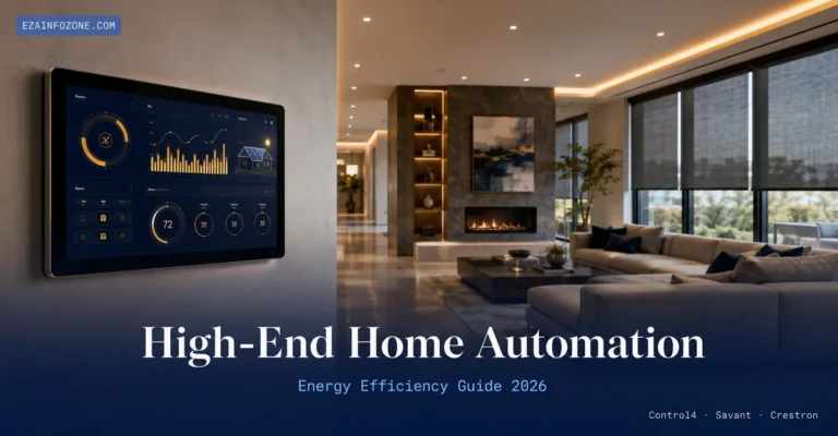 High End Home Automation for Energy Efficiency in 2026 High-end home automation control panel showing smart energy management dashboard with solar stats and lighting control — luxury smart home 2026