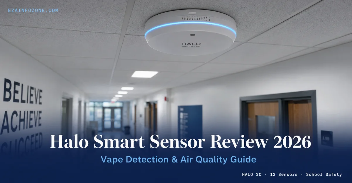 Halo Smart Sensor Review 2026: Vape Detector Complete Guide Halo Smart Sensor 3C ceiling-mounted vape detector in school corridor — 2026 review