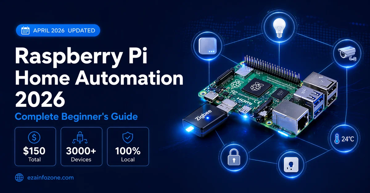 Alt Text: "Raspberry Pi home automation 2026 complete guide — Raspberry Pi 5 with Zigbee dongle connected to smart home devices" Title: "Raspberry Pi Home Automation 2026" Caption: "Home automation with Raspberry Pi 2026 — DIY smart home setup with Home Assistant" Description: "Raspberry Pi home automation beginner guide 2026 — Home Assistant setup Zigbee projects voice control tutorial"