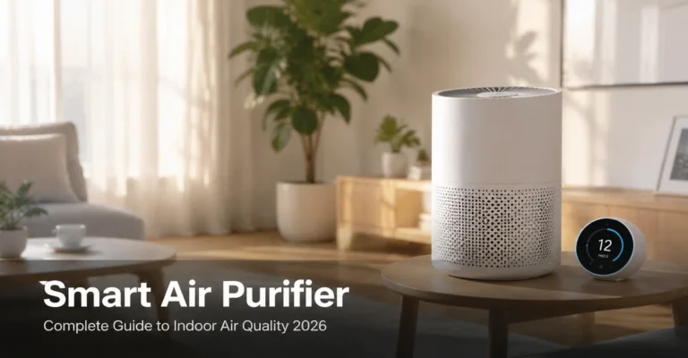 Smart air purifier on side table next to indoor air quality monitor in modern living room
