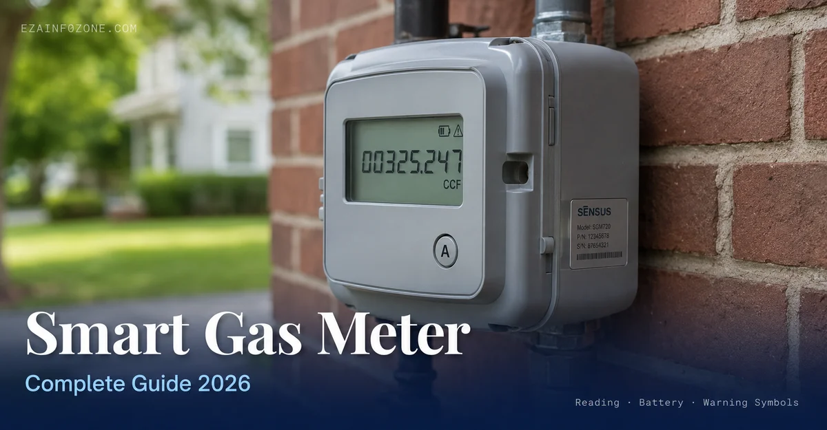 Smart Gas Meter: How to Read, Reset & Check Battery (2026) smart gas meter LCD display showing CCF reading on exterior wall