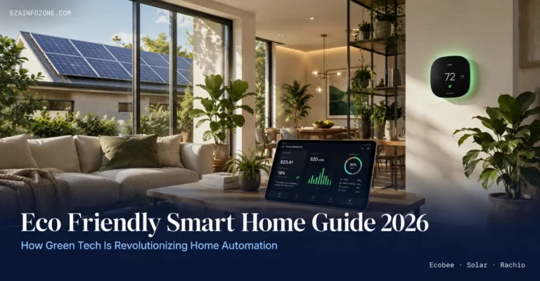 Eco friendly smart home with solar panels, smart thermostat and LED lighting — green tech guide 2026