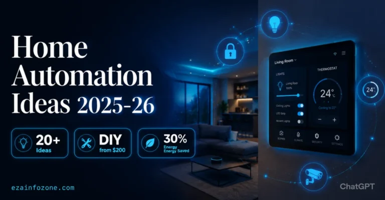 Home automation ideas 2025-26 — smart home setup with touchscreen panel, smart lighting, thermostat, and security devices
