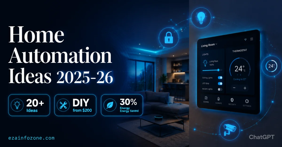 Home automation ideas 2025-26 — smart home setup with touchscreen panel, smart lighting, thermostat, and security devices
