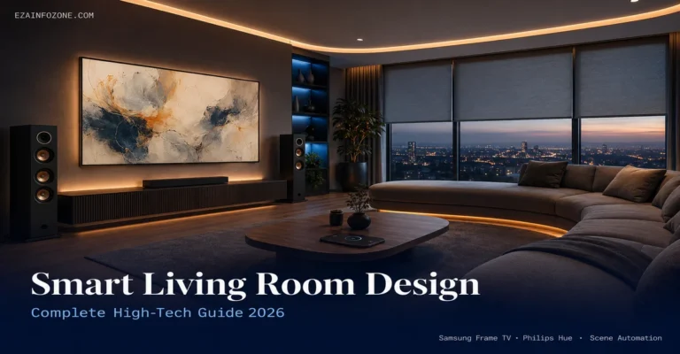 smart living room with Samsung Frame TV Philips Hue lighting and motorized blinds 2026