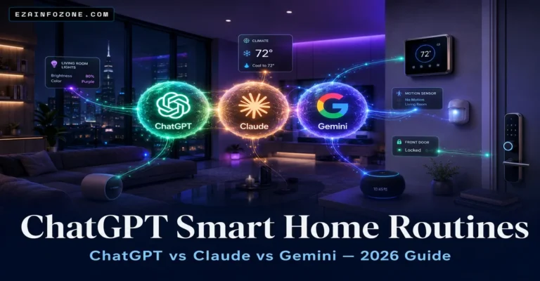 ChatGPT Claude and Google Gemini AI orbs controlling a smart home with glowing connected devices in a futuristic living room 2026