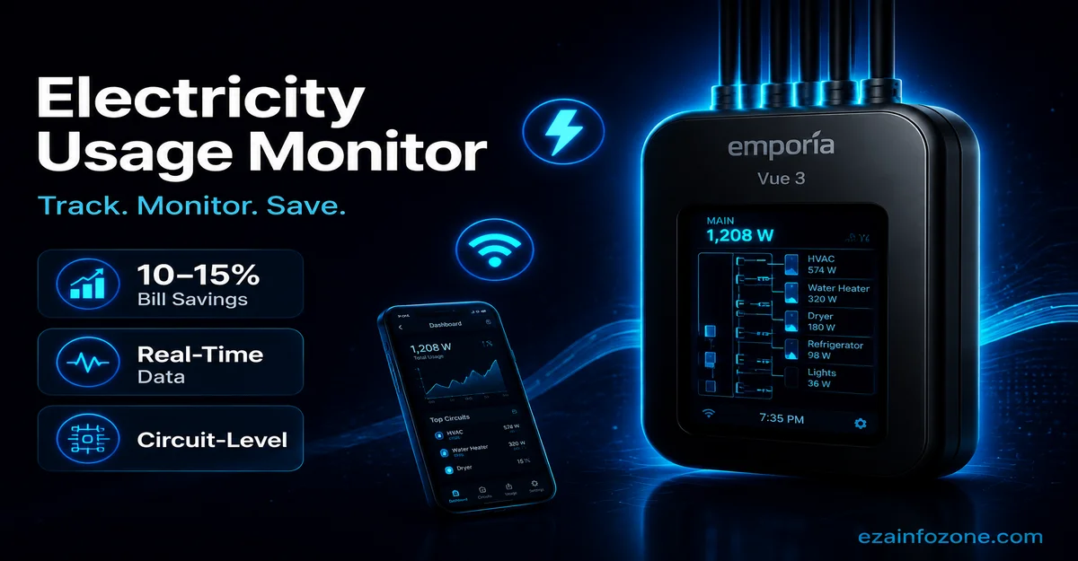 Electricity Usage Monitor: Best Home Energy Monitors to Cut Bills in 2026 Electricity usage monitor Emporia Vue 3 with real-time home energy dashboard on smartphone