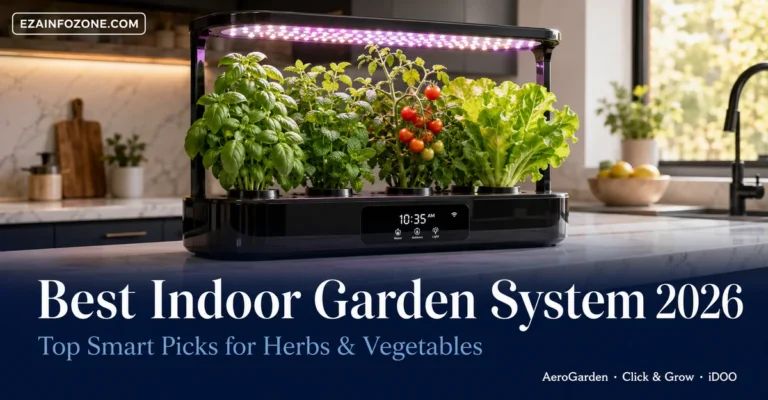 Best smart indoor garden system with LED grow lights and hydroponic pods on kitchen countertop 2026