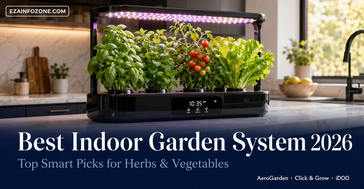 Best smart indoor garden system with LED grow lights and hydroponic pods on kitchen countertop 2026