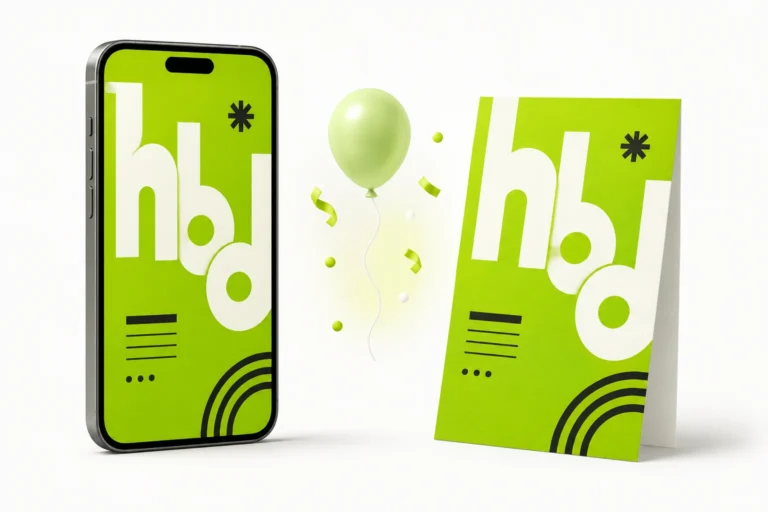 Brat-green birthday invitation graphic on a phone screen next to a printed 5x7 card with party details