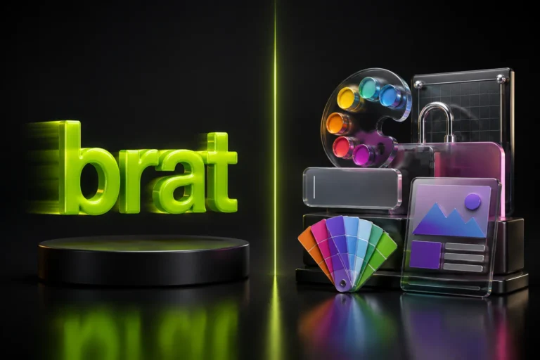 brat generator vs canva comparison - glossy 3D brat text on one side, a cluster of design-tool icons on the other