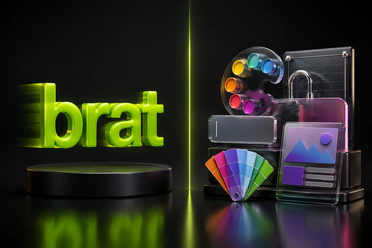 Brat Generator vs Canva: Which Should You Use? brat generator vs canva comparison - glossy 3D brat text on one side, a cluster of design-tool icons on the other