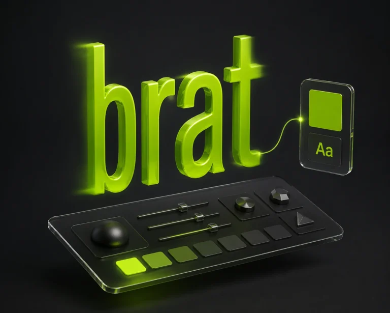 how to make a brat album cover in canva - glossy 3D brat text beside a floating color and font panel
