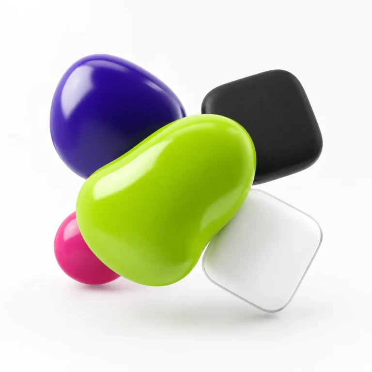 best colors that go with brat green - glossy 3D color blobs showing green paired with black, white, and indigo-violet