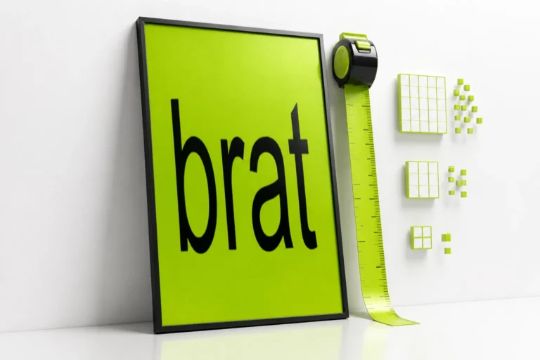 Large framed brat-green poster leaning against a wall with a ruler and DPI/pixel grid overlay showing print scale