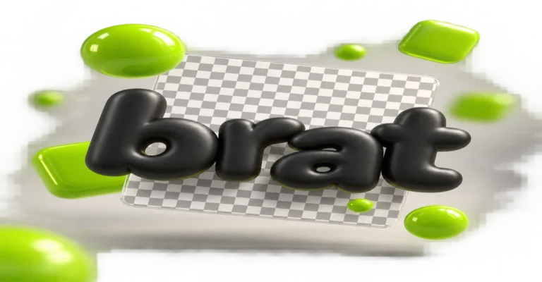 How to Use Brat Text with a Transparent Background brat text transparent background - glossy 3D lowercase "brat" text floating over a checkerboard-pattern card, showing a real alpha-transparent PNG export