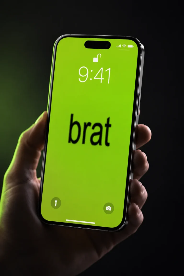 brat-style wallpaper on a phone lock screen, bold lowercase text on lime-green background, sized to avoid the clock and widget zones
