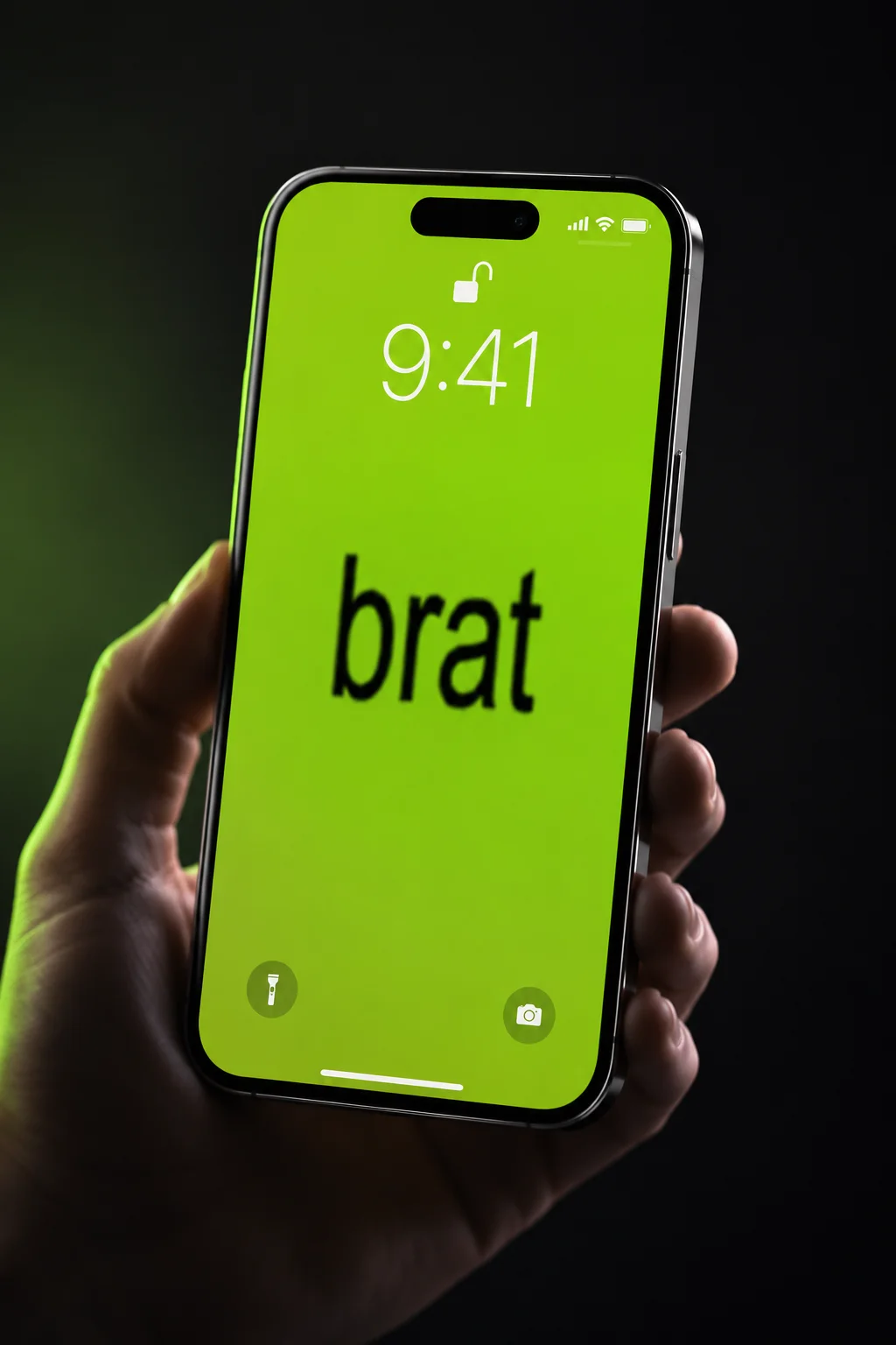 How to Make a Brat Wallpaper for iPhone and Android brat-style wallpaper on a phone lock screen, bold lowercase text on lime-green background, sized to avoid the clock and widget zones