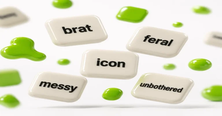 100 brat words for design - glossy 3D word tiles like "brat," "feral," and "icon" floating in a grid with lime-green accents
