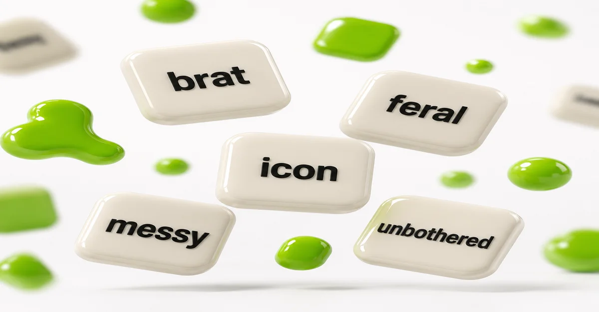 100 brat words for design - glossy 3D word tiles like "brat," "feral," and "icon" floating in a grid with lime-green accents