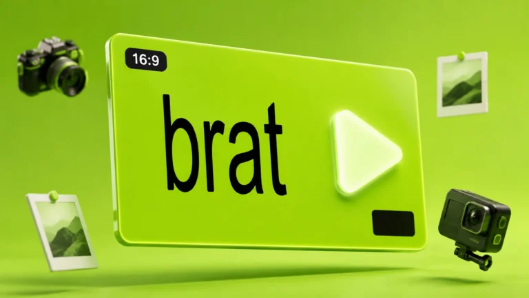 Brat-style YouTube thumbnail with black text on a lime-green background, 3D render