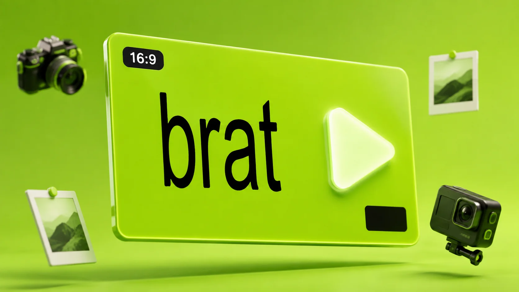 Brat-style YouTube thumbnail with black text on a lime-green background, 3D render